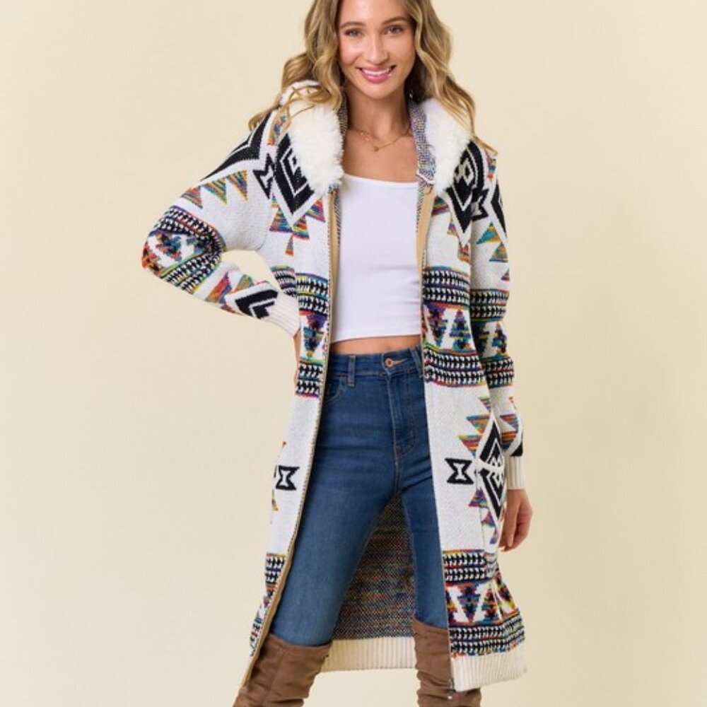 new ON BLUE CARDIGAN SWEATER fur hood western bohemian AZTEC YELLOWSTONE XS-LG